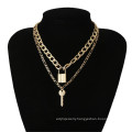 Fashion exaggerated geometric key lock necklace for women alloy double-layer necklace